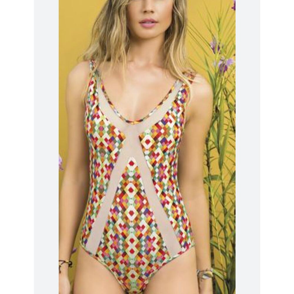 SAHA Sierra Geometric Print Mesh Inset One Piece Swim Suit Size M Multi Resort